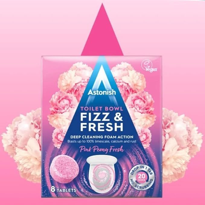 Astonish Fizz &amp Fresh Foaming Toilet Bowl Cleaner Tablets Bundle – Deep Cleaning Eucalyptus Lemon Splash &amp Pink Peony Scents – Limescale Calcium &amp Rust Remover for Hard-to-Reach Stains