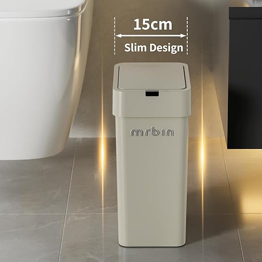 MRBIN Motion Sensor Bathroom Trash Can with Lid 9L/2.4gal Automatic Plastic Slim Covered Electric Waste Basket Narrow Rectangle Garbage Bin Under Desk for Small Office Bedroom Kitchen Rv Gray