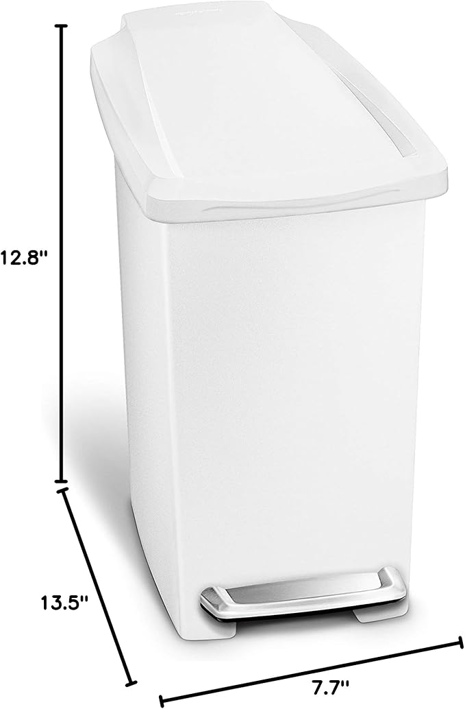 simplehuman 10 Liter / 2.6 Gallon Compact Slim Bathroom or Office Step Trash Can White Plastic