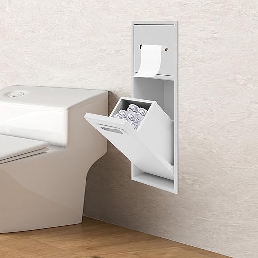Bathroom Trash Can Tilt Out Trash Bin Cabinet Hidden Recessed Wall Mounted Stainless Steel with Toilet Paper Holder (White)