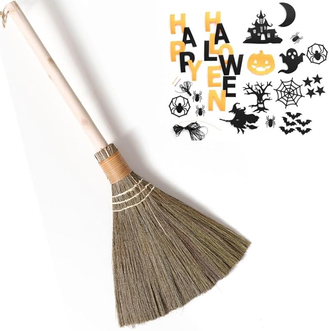 Handmade Vietnamese Straw Broom Single Handle – Free Halloween Decoration Set Witch Broom for Costume Haunted House &amp Indoor Decor Soft Grass Whisk Broom for Sweeping or Display