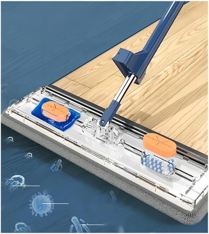 Large Flat Mop Self-Contained Dewatering Scraper Mop Stainless Steel Long Handle with 2 Microfiber Pads 360° Rotating with Dewatering Scraper 1pcs 12027(White)