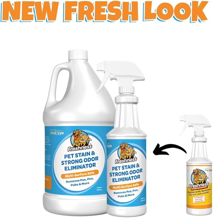 FurryFreshness Extra Strength Cat or Dog Pee Stain &amp Permanent Odor Remover + Smell Eliminator -Removes Stains From Pets &amp Kids Including Urine or Blood- Lifts Old Carpet Stains- (2 Pack)