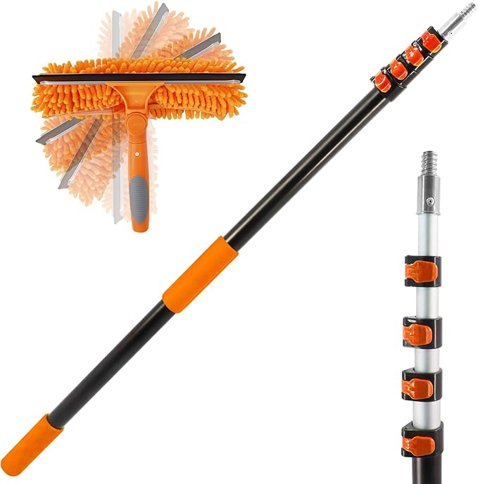 23 ft High Reach Window Squeegee with Extension Pole 2 in 1 Squeegee for Window Cleaning Window Cleaner Tool with 5-Stage 4-16.5 ft Telescoping Pole Squeegee for Shower Glass Home Car
