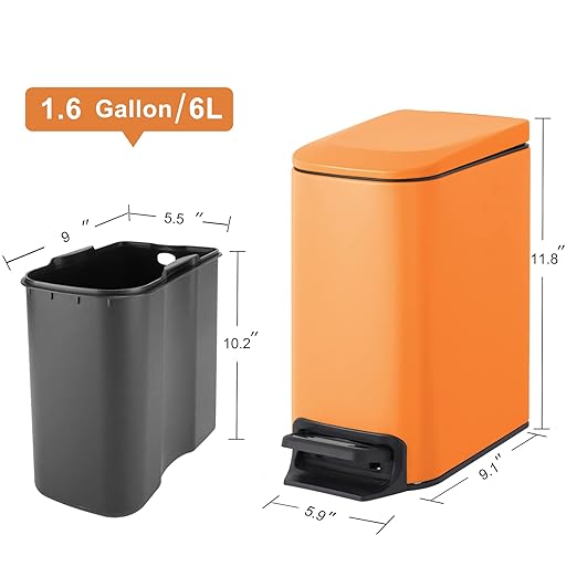 Cesun Small Bathroom Trash Can with Lid Soft Close Step Pedal 6 Liter / 1.6 Gallon Stainless Steel Garbage Can with Removable Inner Bucket Anti-Fingerprint Finish (Matt Orange)