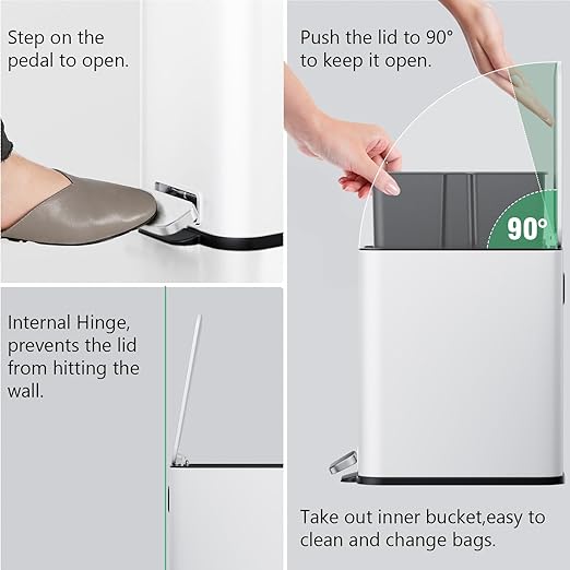 Small Bathroom Trash Can with Lid Soft Close 1.3 Gallon Garbage Can Step Pedal Stainless Steel Wastebasket Slim Trash Bin for Office Bedroom Toilet Live Room (White)