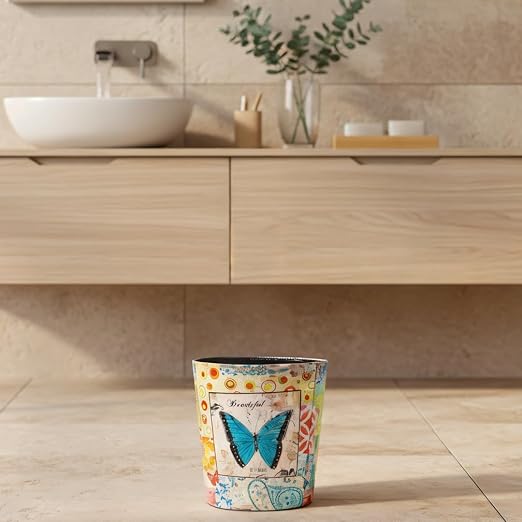 PU Leather Small Trash Can Wastebasket Round Garbage Container Basket for Bathrooms Laundry Room Kitchens Offices Kids Rooms BedroomsDormsHome Decorative Art Bin 2.9 Gallon(Blue Butterfly)