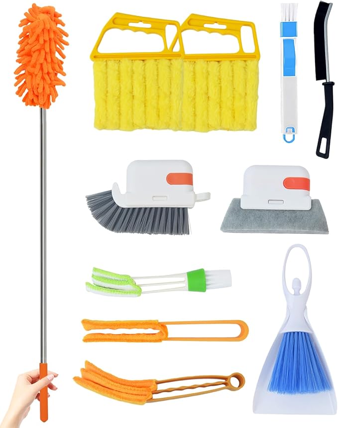 11 Pcs Blind Cleaner Duster Tool Kit – Mini &amp Window Blinds Cleaner Brush Set Air Vent &amp Track Cleaning Tools Window Groove &amp Sill Scrubber for Home Car AC Sliding Doors - Yellow