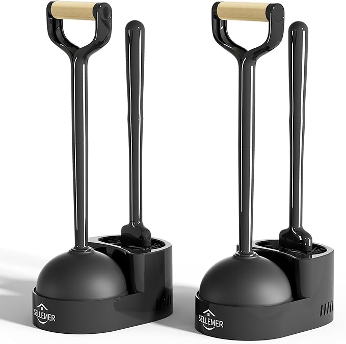 Sellemer Toilet Brush and Plunger Set Curved Design Head for Deep Cleaning Heavy Duty Toilet Bowl Brush and Plunger Combo with Holder for Bathroom Cleaning Black 2 Pack