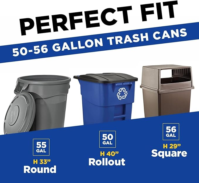 (100 Pack) Plexon 55-60 Gallon Trash Bags 1.5 Mil Heavy Duty Fits Rubbermaid Brute Rollout Round and Square 32-55 gal Trash Cans 43 x 47 Large Durable Garbage Trash Can Liners Bulk (Black)