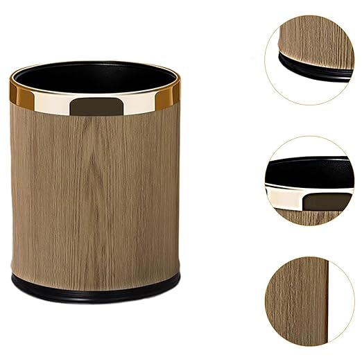 Trash Can Waste Basket PU Leather Stylish Modern Garbage Container Wastebasket for Under Desk Dorm Hotel Bedroom 10L Round Gold