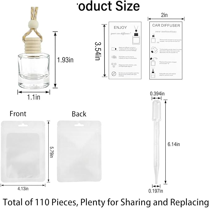 110 Sets Hanging Car Air Freshener Diffuser Bottles with Instruction Card Droppers and 4 x 6'' Resealable Holographic Bag Empty Car Essential Oil Perfume Bottles for Aromatherapy(Cylinder)