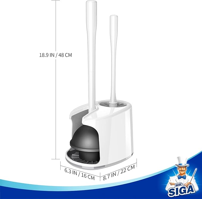 MR.SIGA Toilet Plunger and Bowl Brush with Holder Heavy Duty Toilet Brush and Plunger Set for Bathroom Cleaning White 1 Set