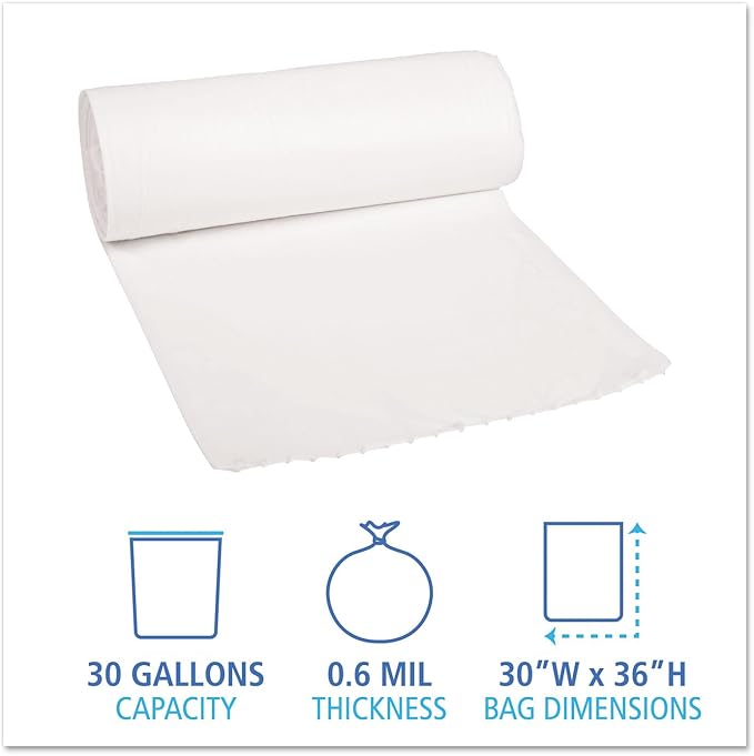 Extra Heavy-Duty 30 Gallon White Trash Bags 0.6 Mil Low-Density Garbage Bags 30 x 36 Perforated Roll 25 Bags/Roll 8 Rolls/Carton