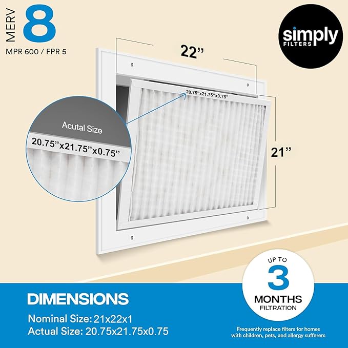 Simply 21x22x1 Air Filter Merv 8 6 Pack For Home AC Furnace &amp HVAC (Actual Size: 20.75x21.75x0.75) DUST Pet &amp Allergy Control