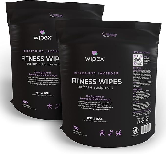 Wipex Black Floor Dispenser with Wipex Gym Wipes for Equipment Lavender Essential Oil 700ct Gym Wipe Pack of 2 Refill Rolls + Floor Dispenser Large 8x12 Fitness and Gym Hygiene Wipes