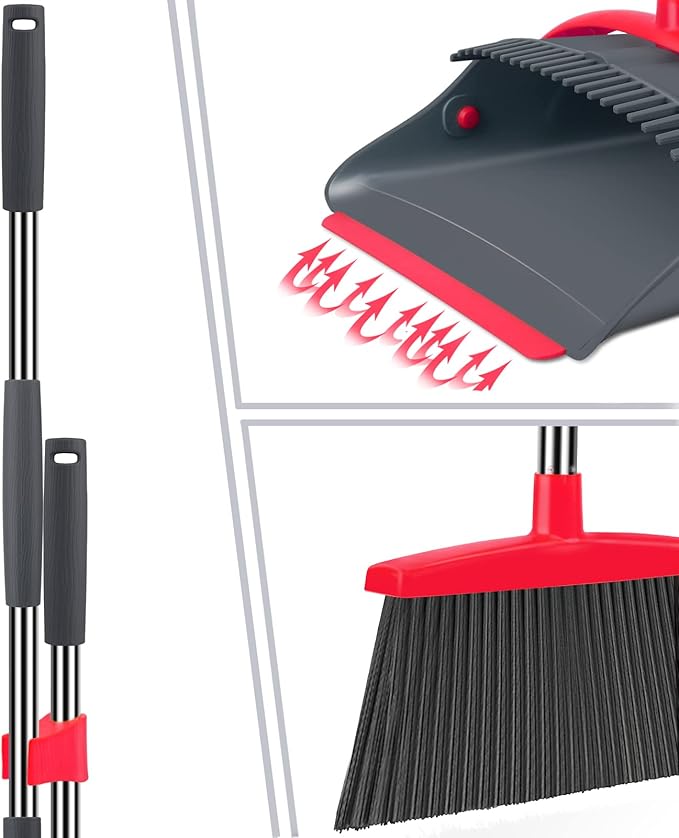 Broom and Dustpan SetBroom with Dustpan Combo Set Dust pan with Long Handle for Home Kitchen Room Office Lobby Floor Use Upright Stand Up(Gray&ampRed)