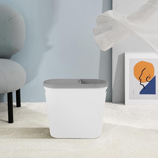 Plastic Trash Can with Press Lid Narrow Household Garbage Bin for Kitchen and Bathroom White-Grey Covered Wastebasket for Small Spaces