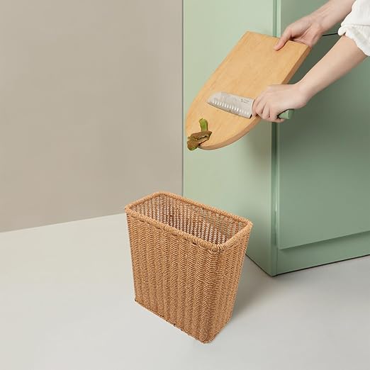 PRETYZOOM Elegant Woven Trash Can Slim Wicker Waste Basket Rattan Storage Basket Compact Bathroom Garbage Can