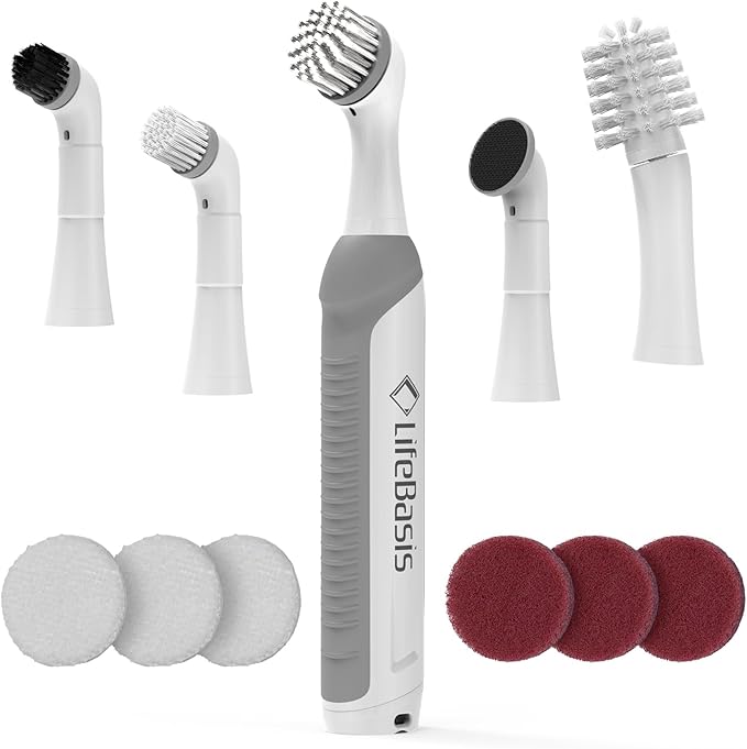 LifeBasis Rechargeable Power Scrubber Cordless Electric Cleaning Brush Water Resistant Small Electric Grout Brush with 5 Brushes for Home/Kitchen/Bathroom/Grout/Tile/Shower/Tub White