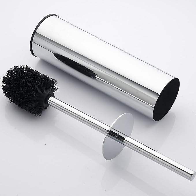 Toilet Brush and Holder Set Chrome Stainless Steel 304 Heavy Duty Round Toilet Brush Set – Rust Resistant Long Handle Replacement Heads Floor Standing Bathroom Toilet Cleaning Brush