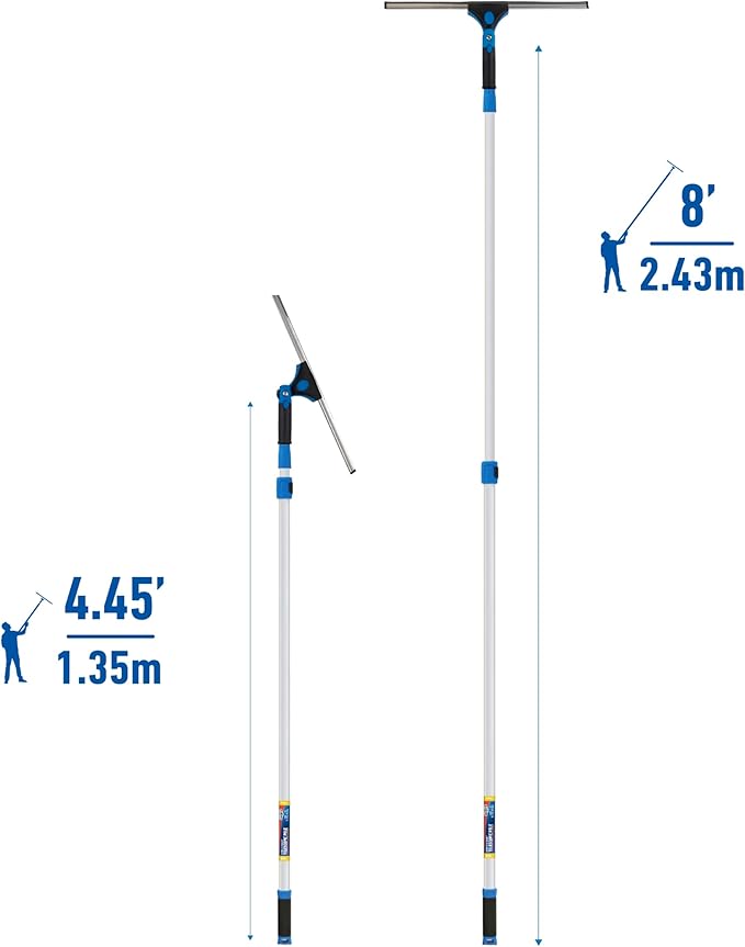 Unger Professional Connect and Clean 18” Grip Swivel Window Glass Squeegee and 8’ Pole 180-Degree Pivoting Handle with Lock Cleaning Supplies for Streak-Free Results
