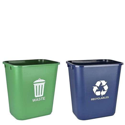 Acrimet Wastebasket Bin for Recycling and Waste 6.75 Gallon/ 27 Quart/ 24 Liter (Plastic) (Green and Blue) (Set of 2)
