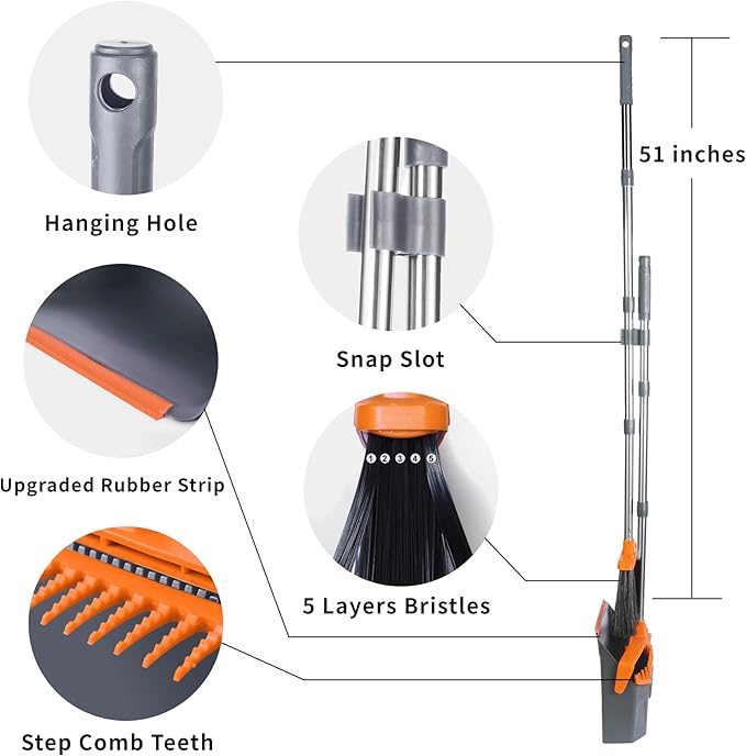 Broom and Dustpan Set with 51'' Long Handle Upright Broom and Dustpan Combo for Home Kitchen Office Restaurant Garage Lobby Dog Cat Pets Hair - Grey and Orange