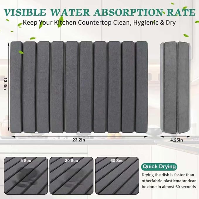 Stone Dish Drying Mat for Kitchen Counter 24''×15'' Dishes Drying Matt Kitchen Counter Absorbent Diatomaceous Earth Bath Quick Dry Mats for Tableware Bottles and Cup (Dark Grey)