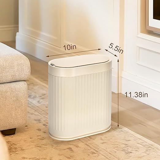 Bathroom Trash Can with Lid Automatic 2 Gallon Sensor Trash Bin 7.5 Liter Smart Rubbish Bin Motion Sensor Waterproof Bathroom Decor Plastic Narrow Garbage Can for Bedroom Office Beige
