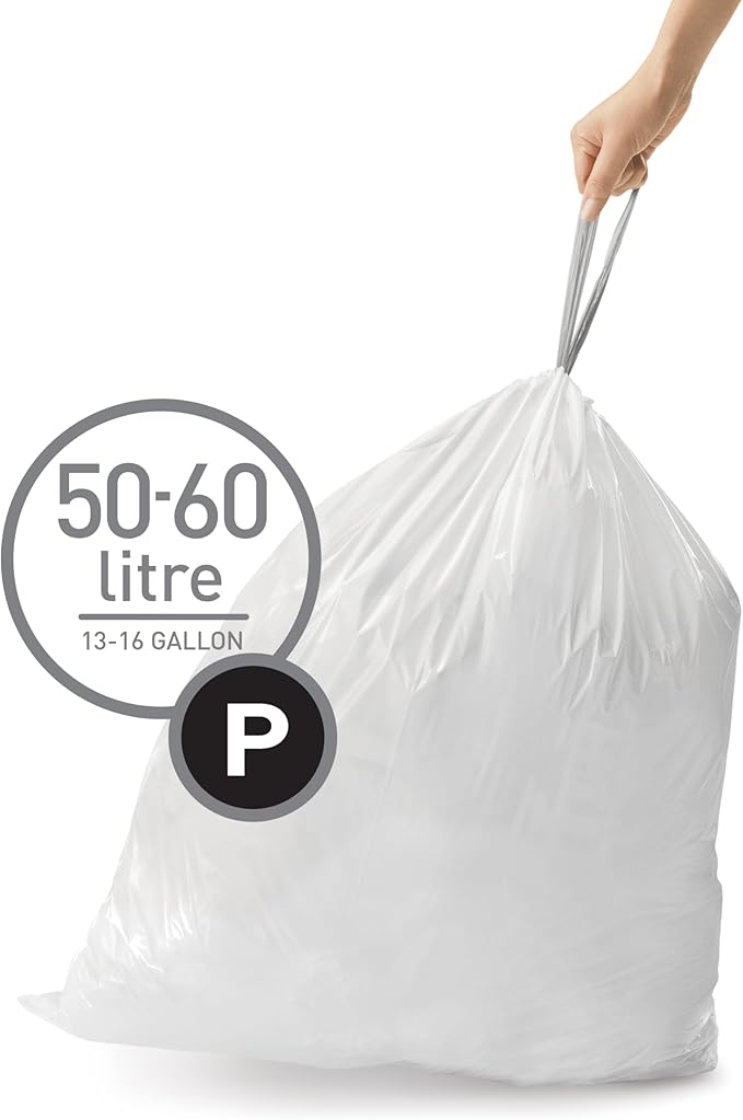 simplehuman Code P 200 Count Dispenser Pack Custom Fit Liners Drawstring Trash Bags 50-60 Liter / 13-16 Gallon White