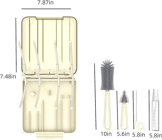 Baby Bottle Scrubber 6-in-1 Bottle Brush Set with Silicone Brush Nipple Cleaner Straw Brush Soap Dispenser Storage Box and Drying Rack Ideal Bottle Cleaner Kit for Home and Travel (Creamy)