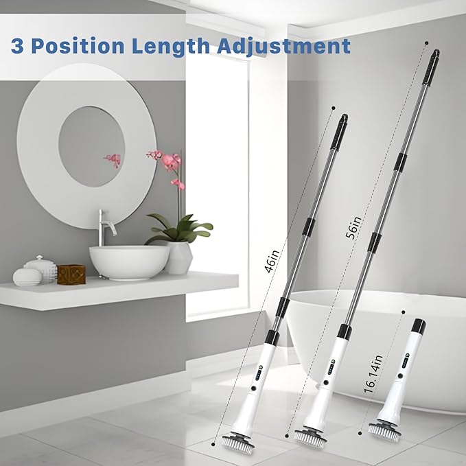 Electric Spin Scrubber Hillyfe Bathroom Scrubber Electric with 7 Replaceable Brush Heads IPX7 Waterproof300/400 RPM 3 Adjustable LengthScrubber Brush Electric for Bathtub FloorWhite