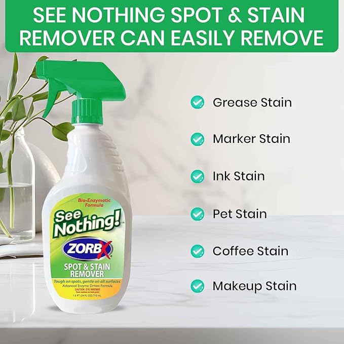 ZORBX See Nothing Spot &amp Stain Remover Spray (24 oz.) - All Purpose Cleaner for Shoes Clothes Furniture &amp Pet bedding - Fast-Acting Scrub-Free Odor &amp Enzyme Stain Remover for Ink Blood