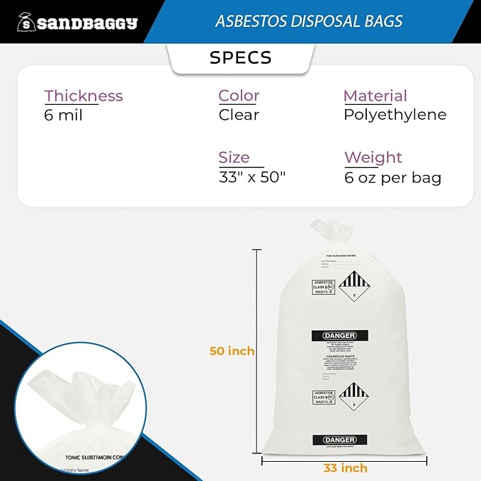 Asbestos Disposal Bags – 33 x 50 Clear Polyethylene 6 Mil Made in USA - Sandbaggy (10)