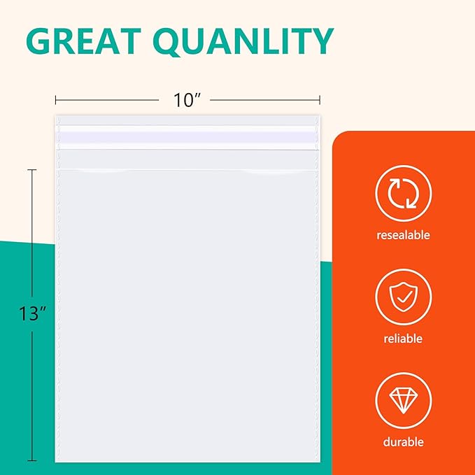 iMailer - 1000 Pcs - 10 x 13 Clear Plastic Cellophane Bags - Resealable Self Sealing Cello Poly Bags for Prints Photos Documents Clothing T-Shirt