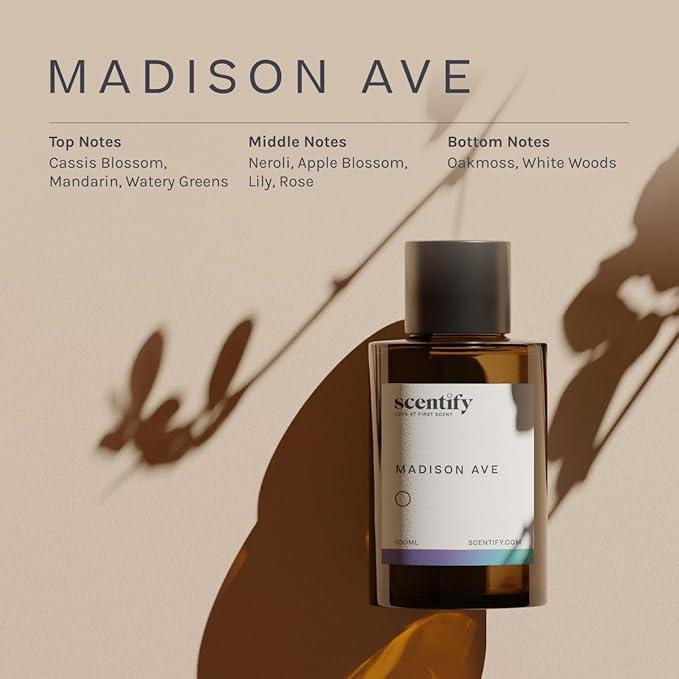 Scentify Madison Ave Aroma Oil Refill Scent for Oil Diffusers – Cassis Blossom Mandarin Neroli &amp White Woods – Luxurious Relaxing Aromatherapy Diffuser Fragrance 100ml 3.38 oz