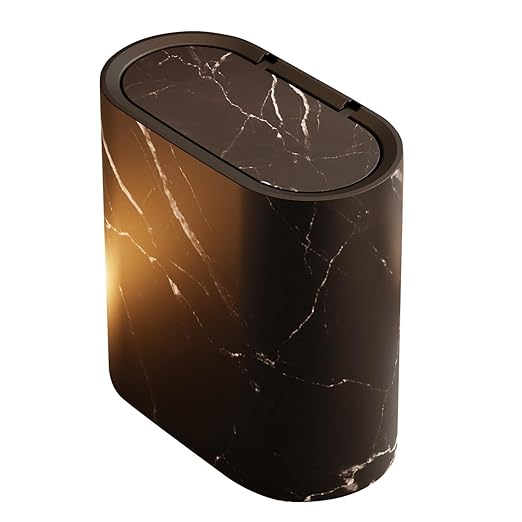 Bathroom Garbage Can with Lid Plastic Marble Wood Pattern Trash Can Modern Waste Basket for Home Indoor Hote Small Garbage Bin Narrow Kitchen Trash Can Durable &amp Space-Efficient (Black)