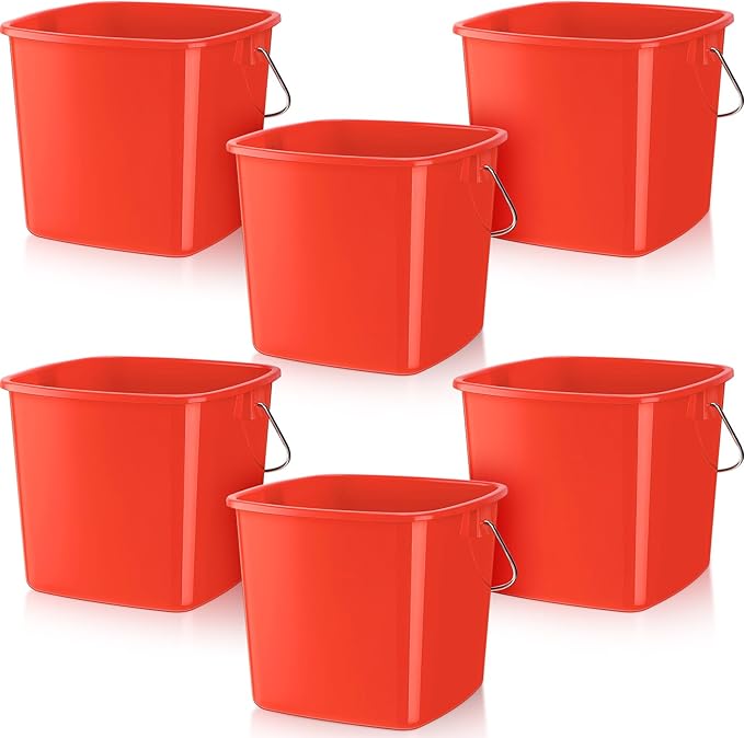 Zhehao 6 Pcs 3 Quart Bucket for Cleaning Small Sanitizer Bucket for Restaurant Square Plastic Pail with Handles for Home Offices Commercial Use Food Service(Red)
