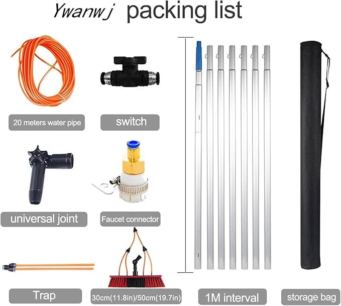 Window Cleaner Conservatory Roof Cleaner Water Fed Brush Window Cleaning Poles Water Fed Pole Kit Solar Panels Cleaning Tools with 20M Water Pipe(30cm Head30FT/9M)