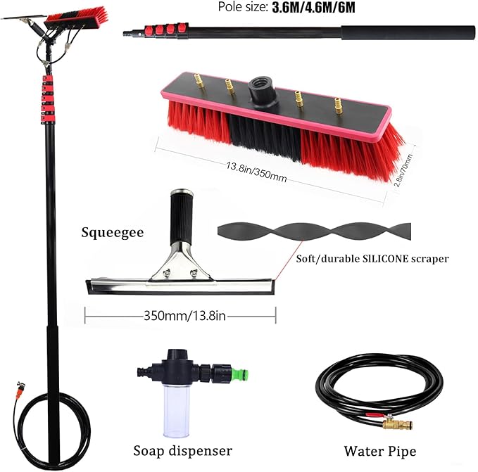 3.6-6 M Window Cleaning PoleWater Fed Telescopic BrushWindow Cleaner KitExtendable Solar Panel Washing Equipment Cleaning Conservatory Roof Extendable Cleaner (35cm Brush3.6M)