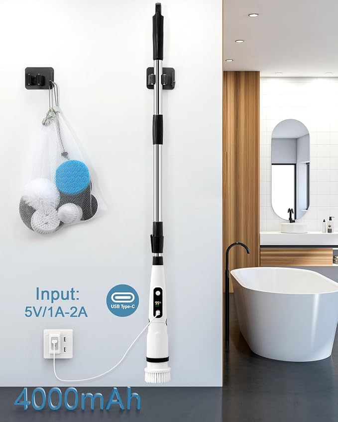 IEZFIX Electric Spin Scrubber Bathroom Power Shower Scrubber Cleaning Brush for Tub/Tile/Floor/Toilet/Kitchen 8 Cleaner Scrub Brush Heads 3 Speeds 450RPM Max Telescopic Rod Black