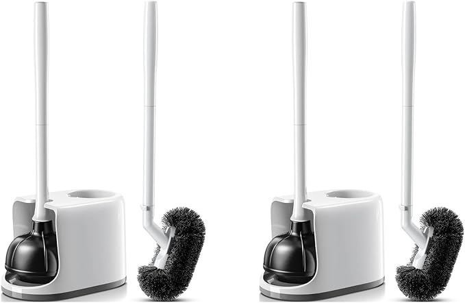 HAMITOR Toilet Plunger and Brush Set for Bathroom Cleaning with Extented Handle - Heavy Duty Toilet Plunger Combo Accessories with Caddy Stand Holder for Small Space - White2 Sets