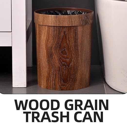 Wood Grain Trash Bin 14L Vintage Round Garbage Can with Press Ring for Hotel Rooms Bedroom Office and Bathroom Wastebasket