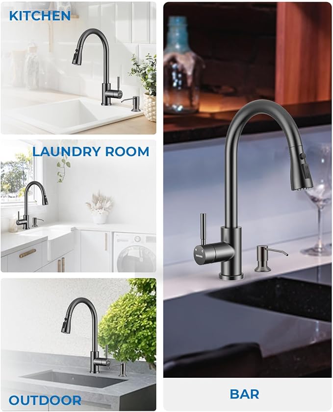 WEWE Kitchen Faucet with Pull Down Sprayer and Soap Dispenser Matte Gray High Arc Single Handle Stainless Steel Sink Faucet Suitable for Farmhouse RV &amp Laundry