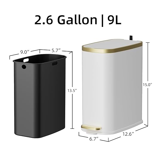 KUK Small Bathroom Trash Can with Lid Soft Close Step Pedal 2.6 Gal Stainless Steel Garbage Can with Removable Inner Bucket Anti-Fingerprint Wastebasket for Office Bedroom Toilet (White)