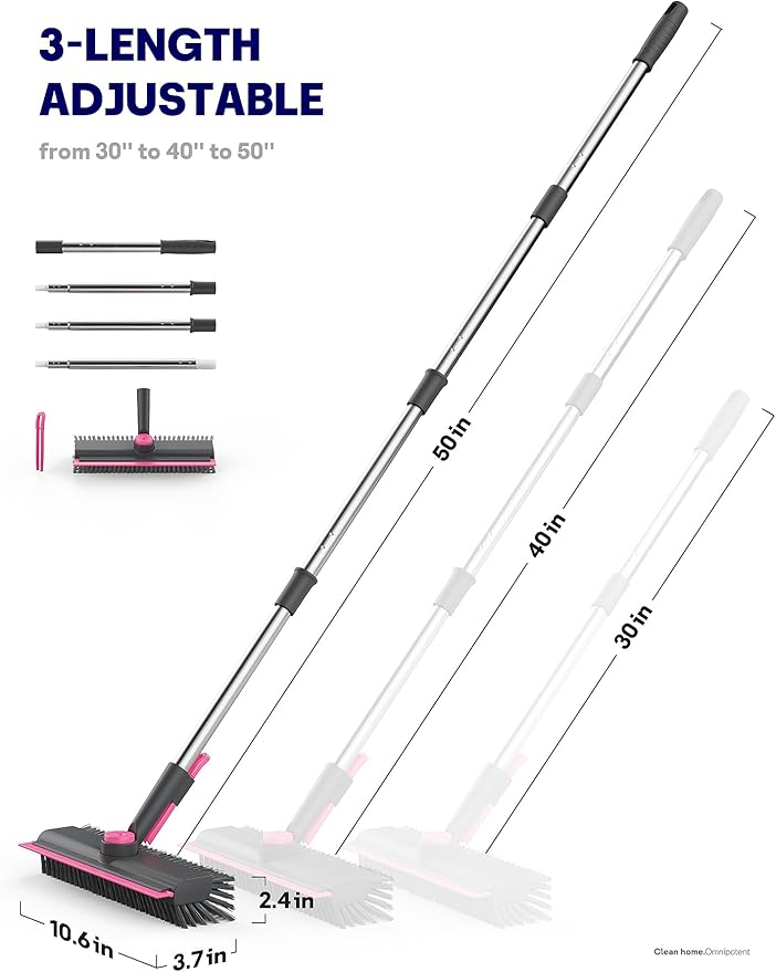 Floor Scrub Brush with Long Handle 3 in 1 Multi-angle Swivel Right Angled Bristle Floor Scrubber Brush with Squeegee and Tweezer for Tile Wall Deck Bathroom Patio Garage Kitchen (Pink and Grey)