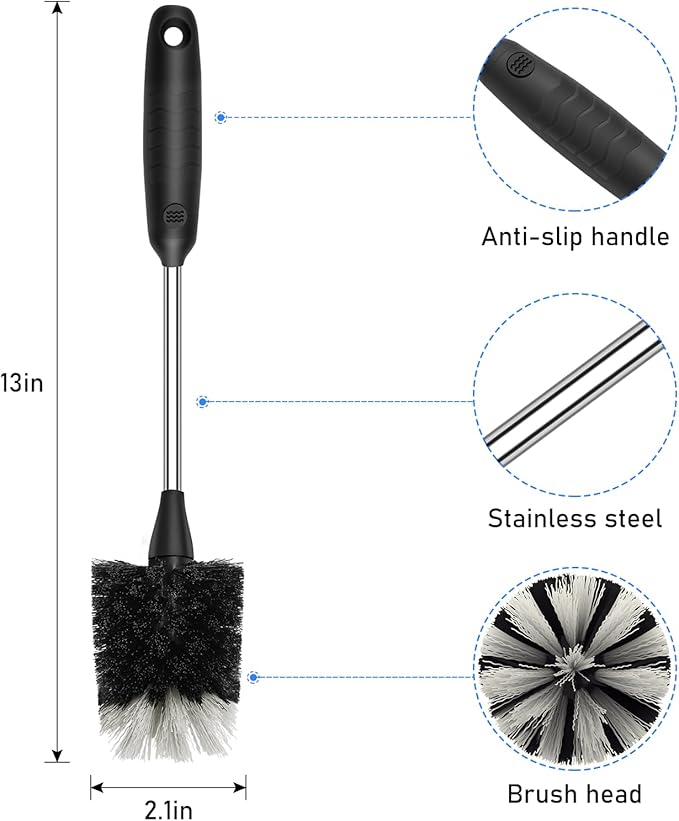 3 Pack Bottle Brush Set - 13-Inch Long Stainless Steel Handle with Non-Slip Grip for Cleaning Sports Bottles Coffee Mugs Glassware and Cups Black
