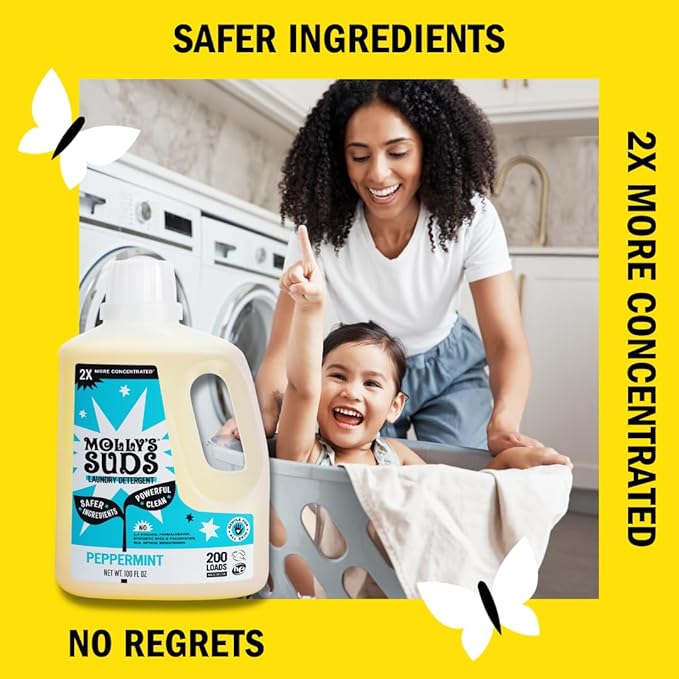 Molly's Suds Liquid Laundry Detergent | Clean Laundry Detergent Soap for Sensitive Skin | 2x Concentrated High Efficiency (HE) | Peppermint - 100 Loads