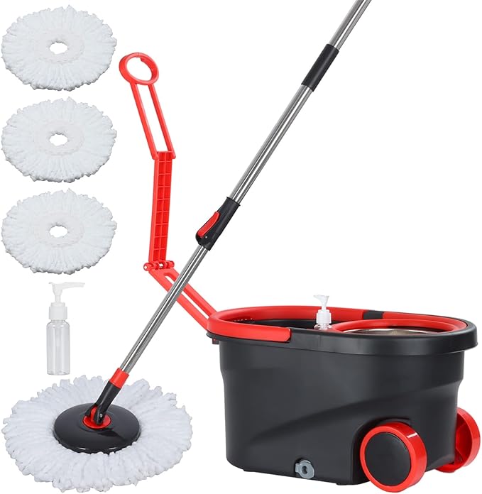 Mop and Bucket Set 360° Spin Mop and Bucket with Wringer Set and 3 Microfiber Mop Refills Stainless Steel 61'' Extended Handle Spinning Mop Bucket System for Floor Cleaning